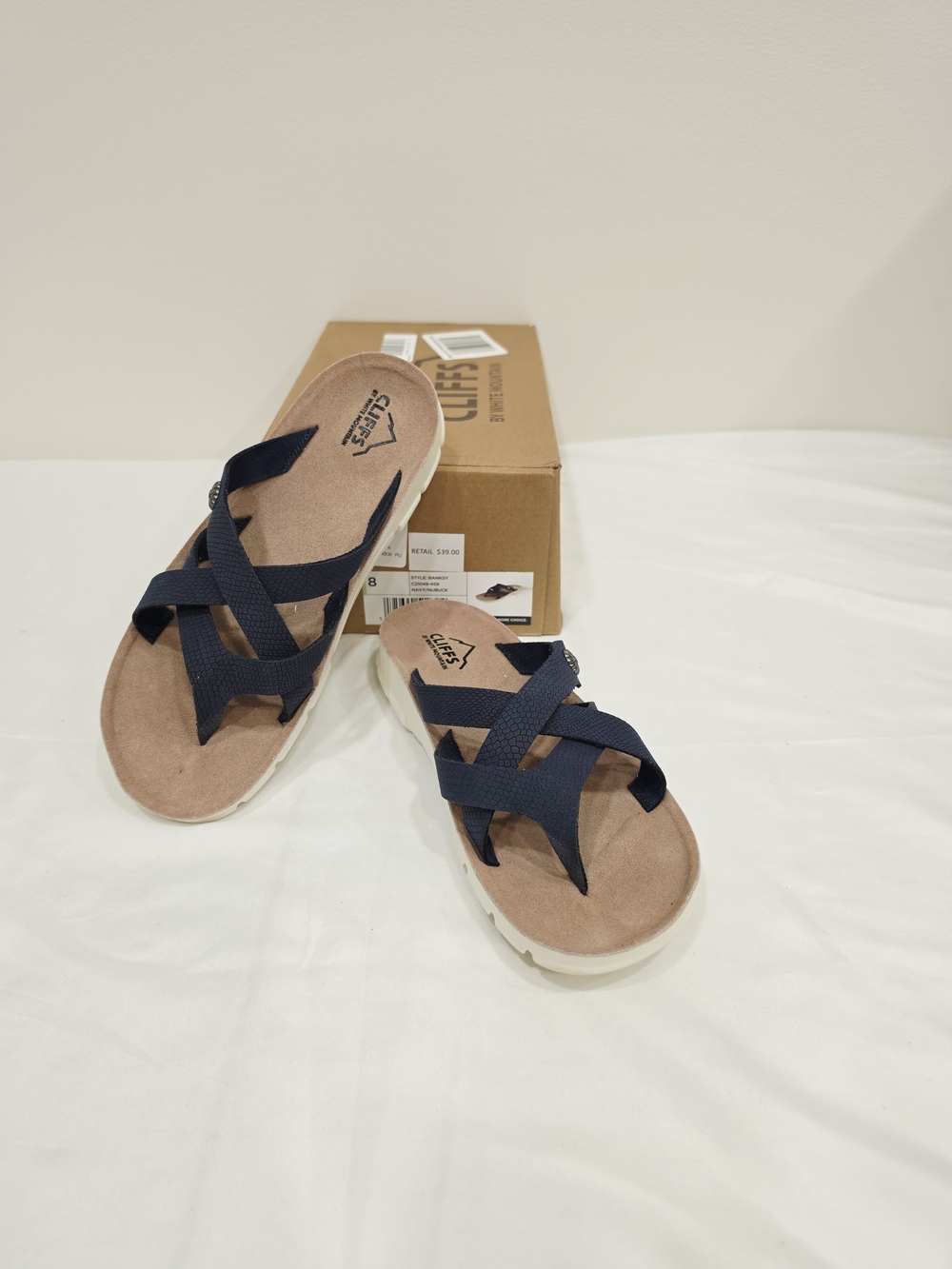Cliffs by WHITE MOUNTAIN Banksy Navy Cross-Strap Slide Sandals